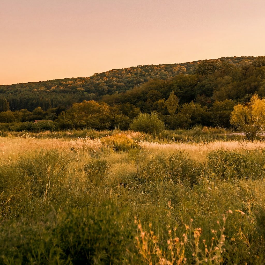 Golden Hour Landscape at Fairy Oak A landscape photograph of a wild grassy field bathed in the warm, golden light of sunset at the Fairy Oak estate in Vrdnik, Serbia. Beyond the tall green and yellow meadow grasses, a dense, tree-covered hill stretches across the horizon under a soft, warm evening sky.