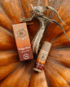 A cardboard tube and box of Talga Kiss lip balm creatively styled for an autumn commercial campaign, resting directly on top of a large, ribbed orange pumpkin with a dried, curled stem.